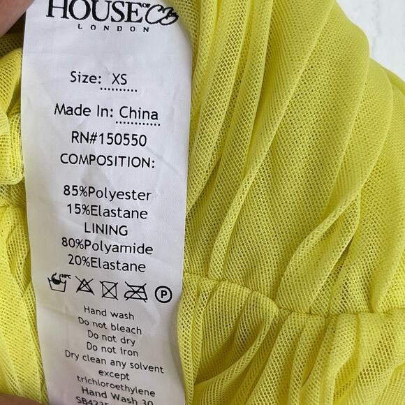 House of CB London Valentina Chartreuse Ruched Mesh Dress Yellow Size XS NWT - Picture 9 of 11